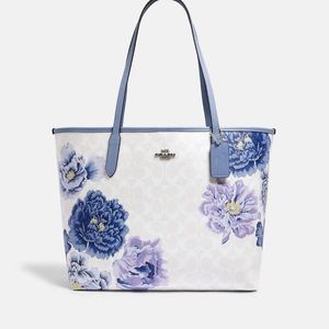 Coach City Tote In Signature Canvas With Kaffe Fassett Print Purple Flowers EUC